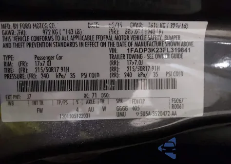 2015 Ford Focus Se from USA, damaged, VIN 1FADP3K23FL319841